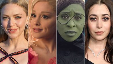 Amanda Seyfried attends the Lancome X Louvre photocall on September 26, 2023 in Paris, France ; Ariana Grande as Glinda in