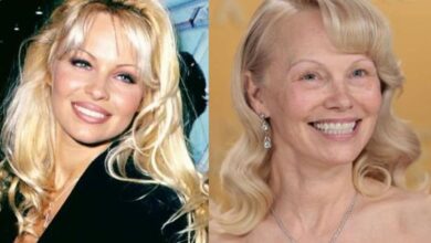 Pamela Anderson nos anos 1990; ao lado, em 2025