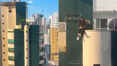 Menina é flagrada sentada no parapeito de prédio em Balneário Camboriú