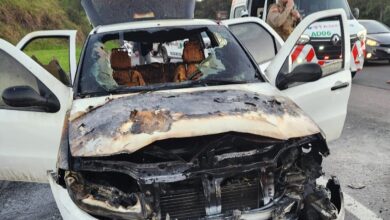 Carro incendeia no acostamento da BR-101 em Balneário Camboriú