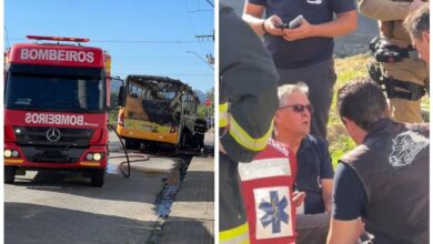 Ônibus pega fogo e motorista evacua passageiros em SC