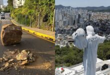 Pedra gigante cai e bloqueia acesso a cartão-postal em SC