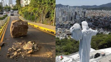Pedra gigante cai e bloqueia acesso a cartão-postal em SC