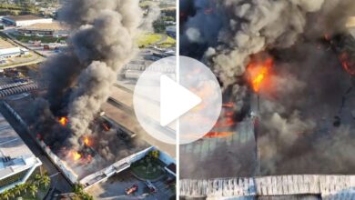 Imagens aéreas mostram dimensão de incêndio de grandes proporções que atingiu fábrica da Colcci em Itajaí
