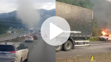 Carro pega fogo e causa 4 km de congestionamento na BR-101, em SC